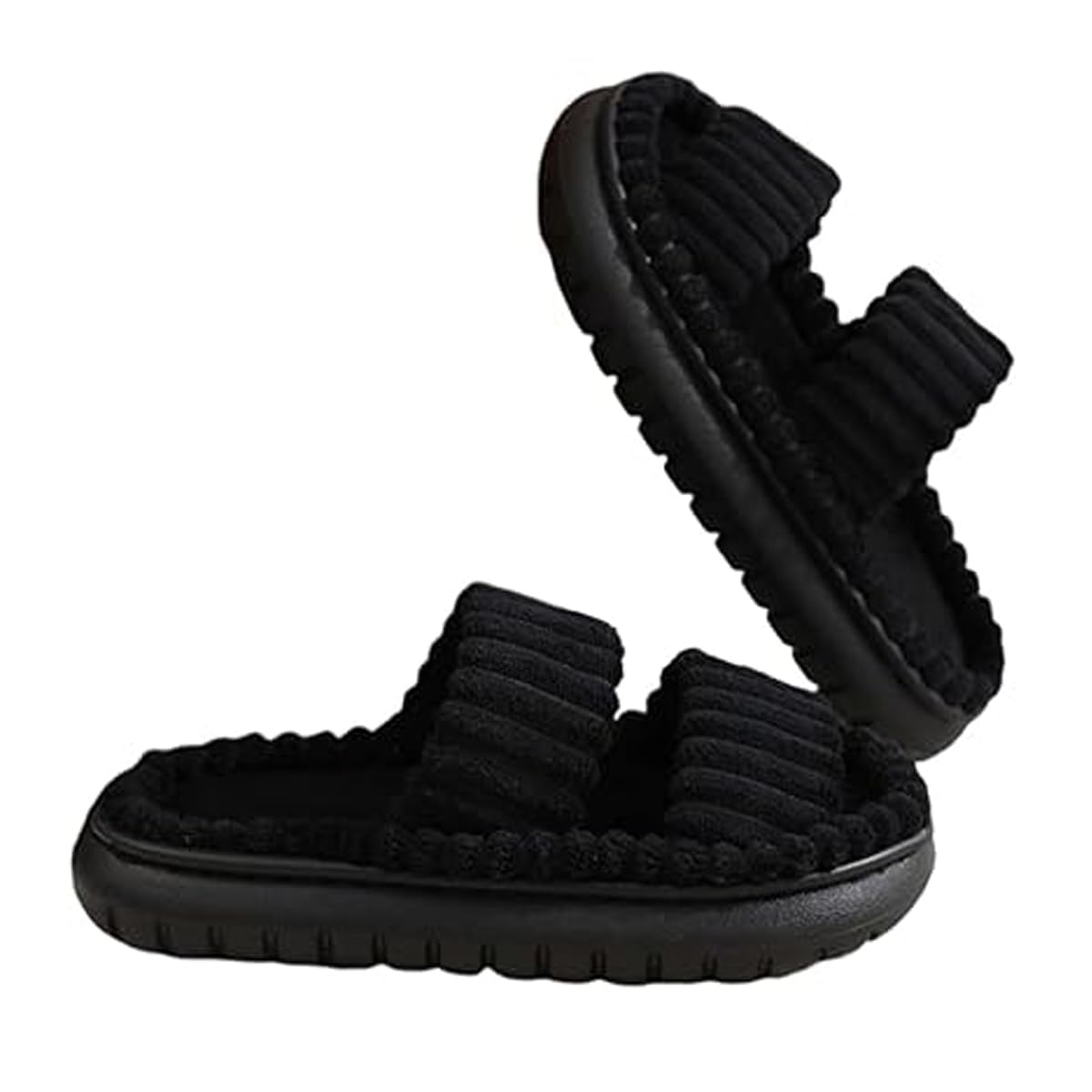 Aconhop Womens Double Straps Slippers Minimalist Two Band Slipper Open Toe Memory Foam Soft Fuzzy Corduroy House Home Shoes Black 44-45