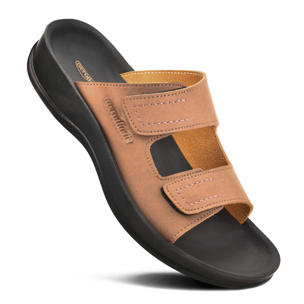 AEROTHOTIC Urania Women’s Double Adjustable Strap Slip-on Slides Sandals (Urania Brown size 6)