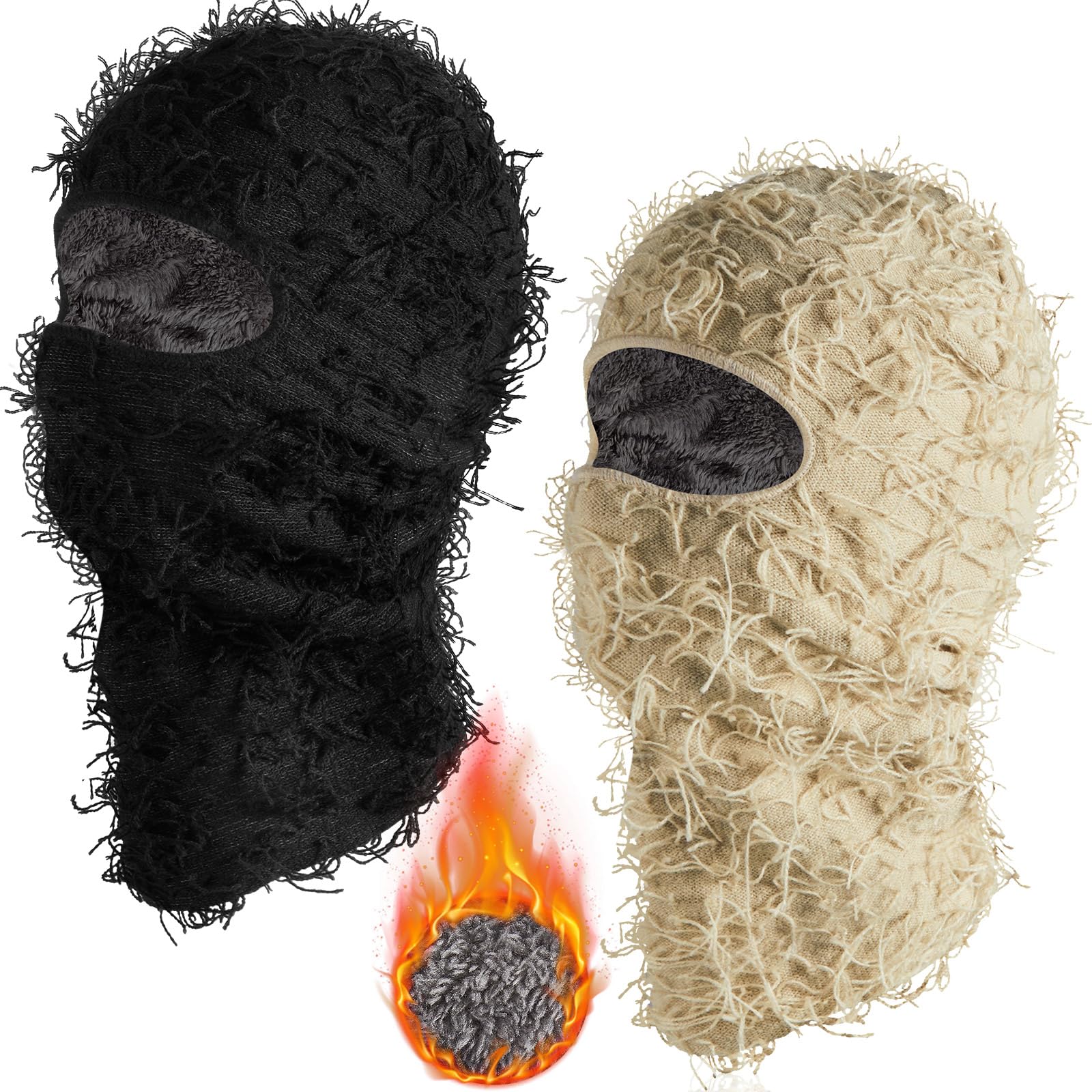 Newcotte 2 Pack Adult Distressed Balaclava Ski Mask Full Face Knitted Balaclava Windproof Cool Ski Mask for Cold Weather(LargePlus Velvet and Thickening Black and Apricot)