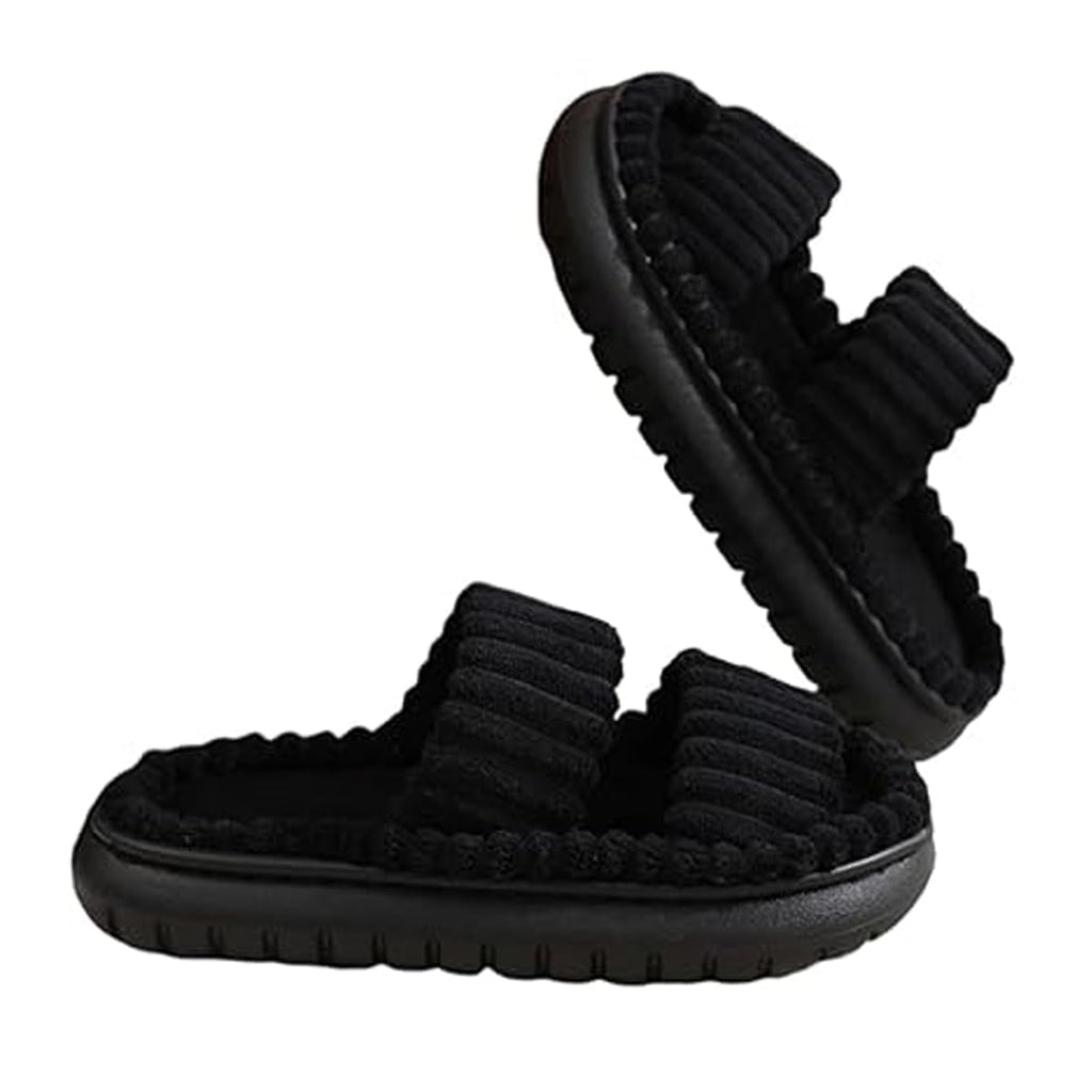 Aconhop Womens Double Straps Slippers Minimalist Two Band Slipper Open Toe Memory Foam Soft Fuzzy Corduroy House Home Shoes Black 44-45