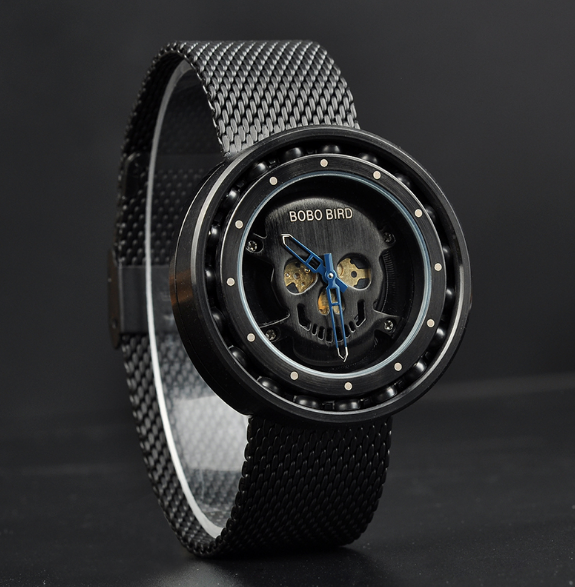 BOBO BIRD Men's Wooden Quartz Skull Waterproof Watch